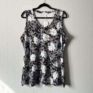 Fantaslook Top Women Large Dark Floral Stretch Minimalist Career Workwear Casual